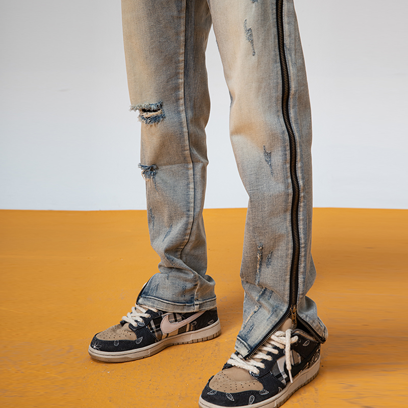 朱志鑫新因素高街潮牌侧边拉链拼接弹力牛仔裤做旧复古破洞裤子男