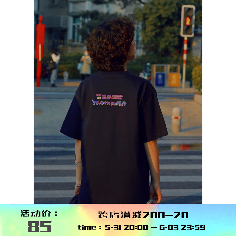 Erdonyes耳东一士 动物主题印花经典午夜蓝宽松圆领短袖t恤男女夏