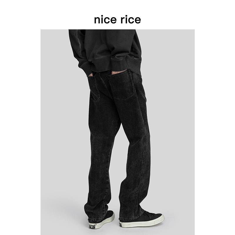 好饭nicerice 美式高街纯色简约脚口毛边水洗宽松直筒牛仔裤男