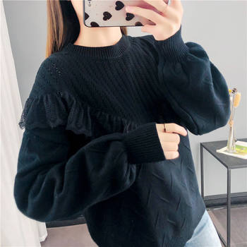 Lazy style sweater women's pullover 2023 new autumn and winter Korean style loose lace sweater students top lantern sleeve