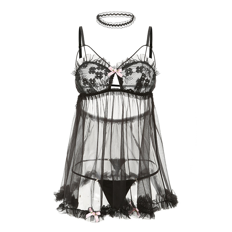 性感睡衣女夏薄款情趣蕾丝网纱诱惑性惑调情透明法式吊带睡裙套装-mc