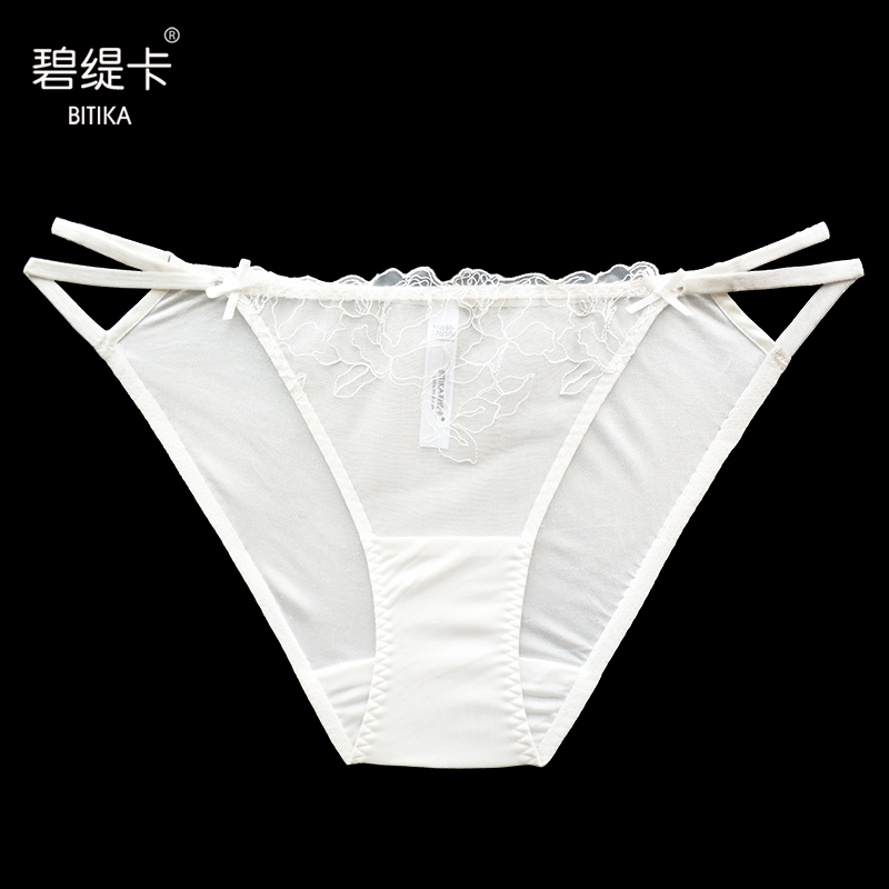 碧缇真丝性感女士内裤透明蕾丝黑色三角裤春夏季内裤
