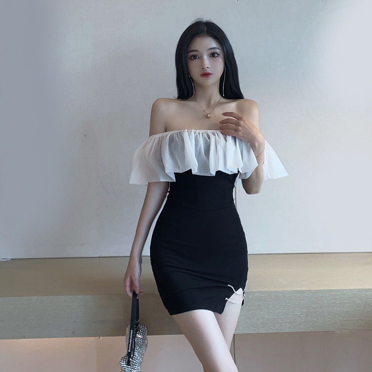 直播衣服女主播服装夜场法式小礼礼服短款荷叶连衣裙