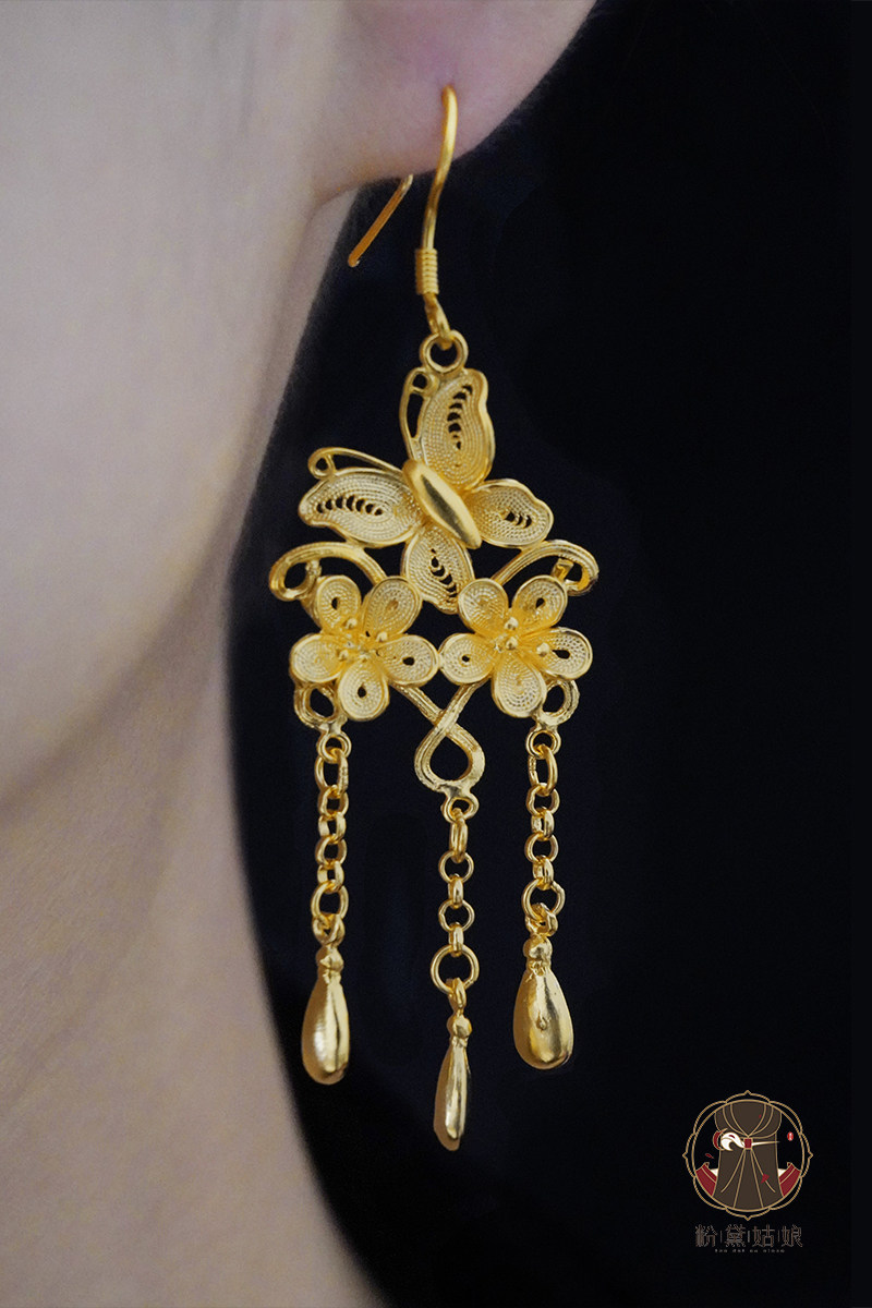 粉黛姑娘原创足银镀金手工蝶恋花耳环中国国风耳环