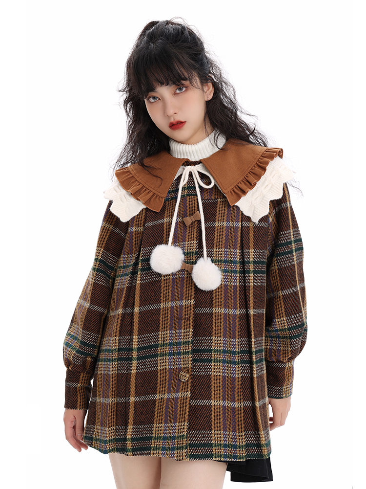 SunsetPark日落公园 柏林女孩娃娃领格子外套复古加厚冬季上衣