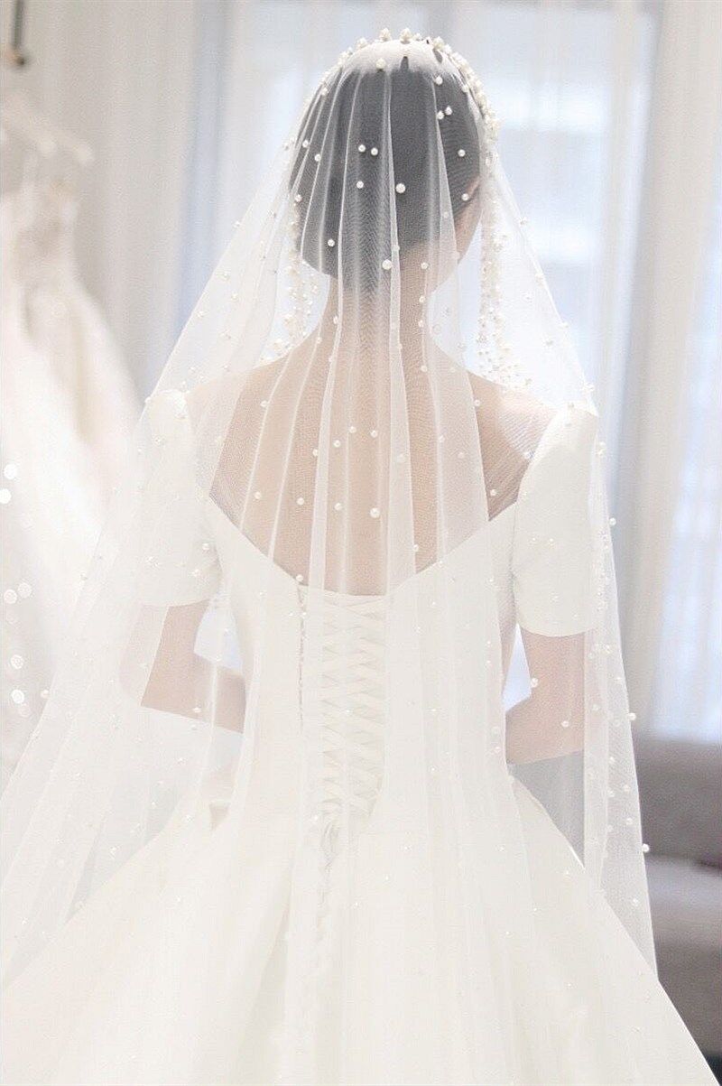 韩式超仙婚纱照头饰唯美珍珠旅拍摄影拍照造型头纱