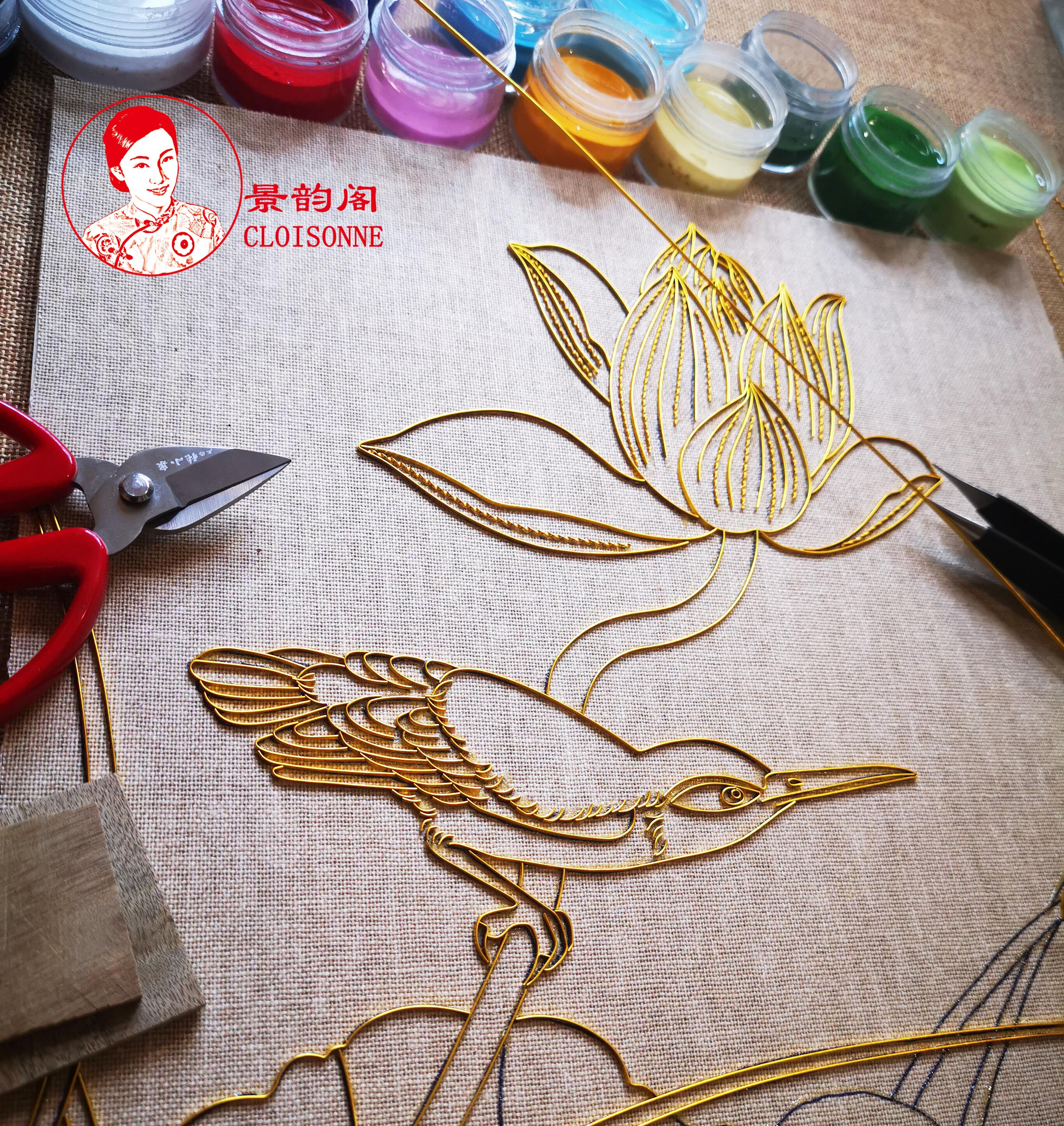 翠荷伴手非遗题材荷花沙画金丝礼赞包金丝材料景泰蓝