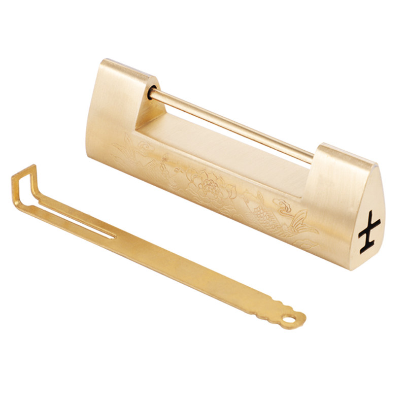 仿古铜锁中式横开挂锁复古刻花老式小锁头木箱子柜门插销古代铜锁