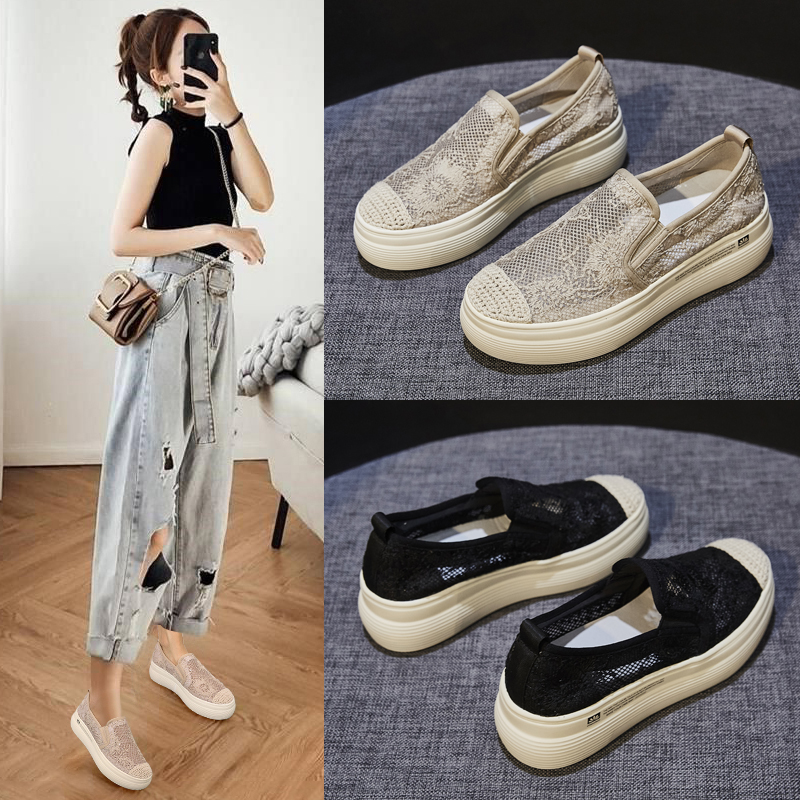 渔夫鞋女厚底内增高女鞋夏季2022新款百搭网面蕾丝懒人一脚蹬布鞋