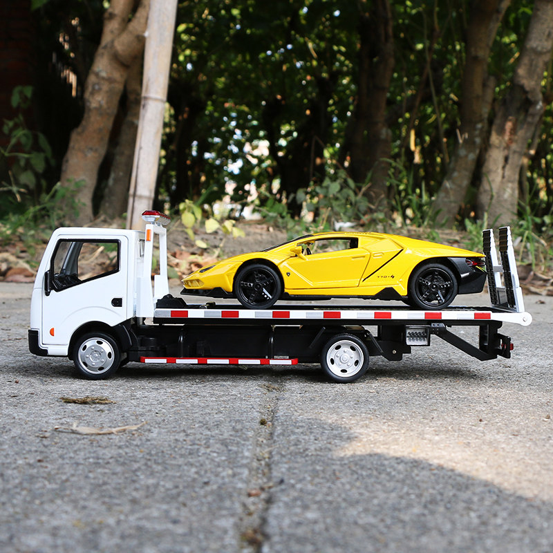 合金平板拖车工程运输车救援车模型男孩声光玩具车仿真汽车模型