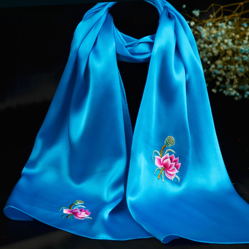 真丝丝巾名古绣艺节日礼物老师围巾绣花绣娘女桑围巾