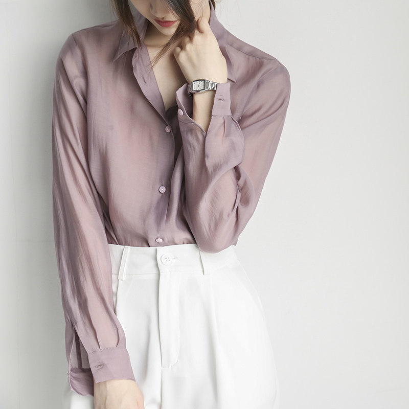 烟熏紫色女士衬衫新款2020年夏季防晒温柔风薄款设计感小众上衣