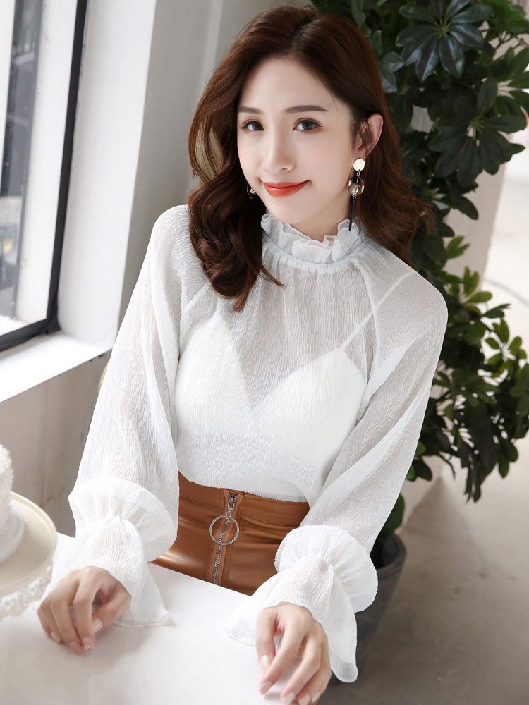 温娴花边雪纺衫女长袖纱衣内搭仙气喇叭袖网蕾丝衫