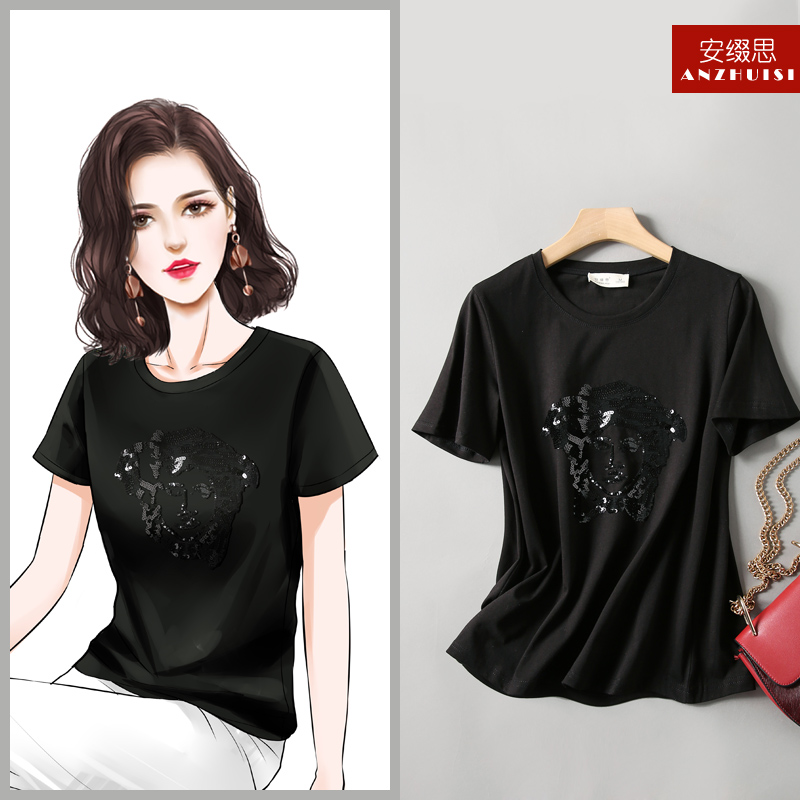 欧洲站女装黑色t桖短袖t恤宽松2021年新款夏季欧货纯棉半袖体恤女