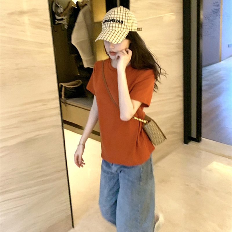 橘色t恤女正肩短袖夏季2022欧洲站新款洋气百搭显瘦韩风chic上衣