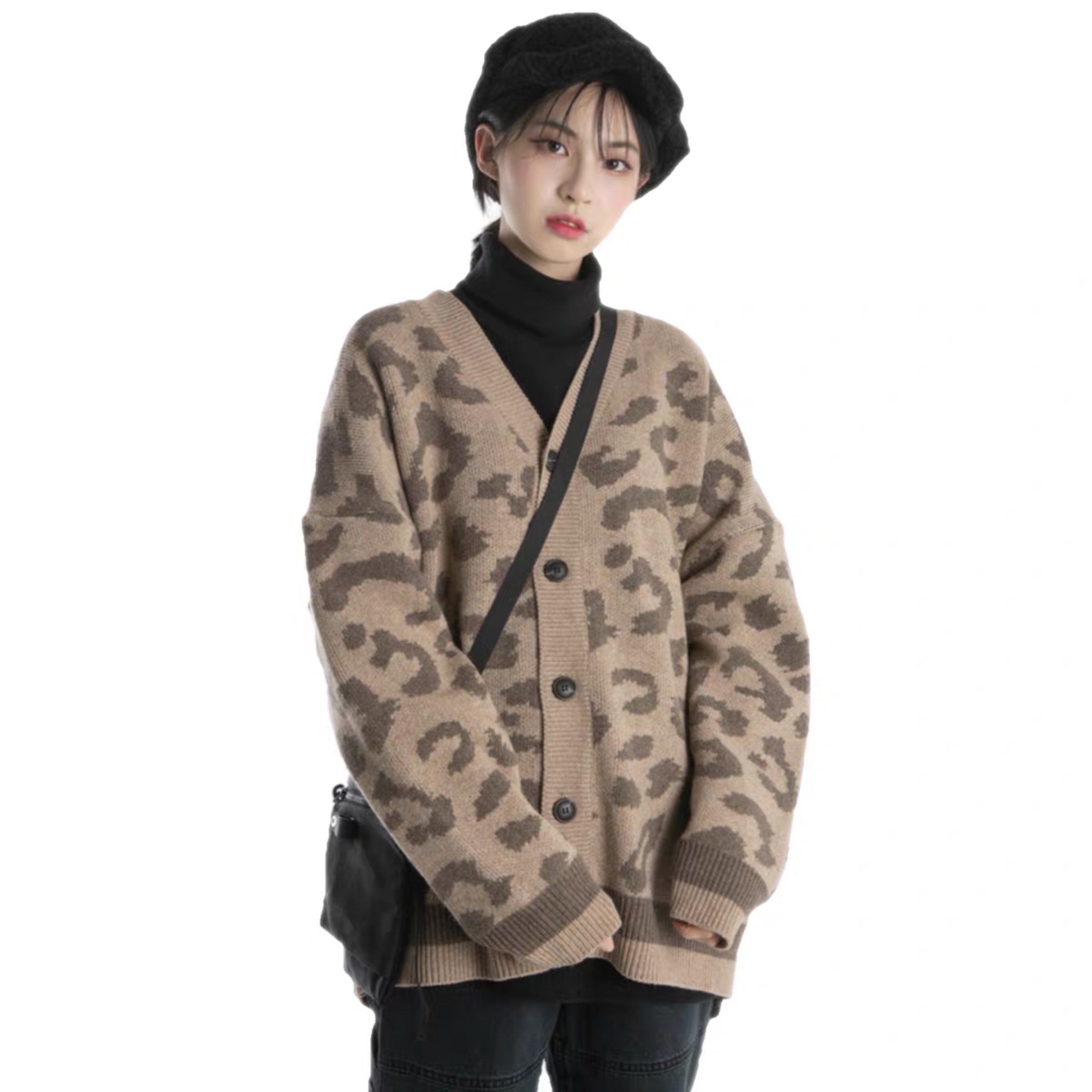 【Raucohouse ROAD】韩国老式豹纹开衫V领宽松外搭显瘦毛衣针织衫