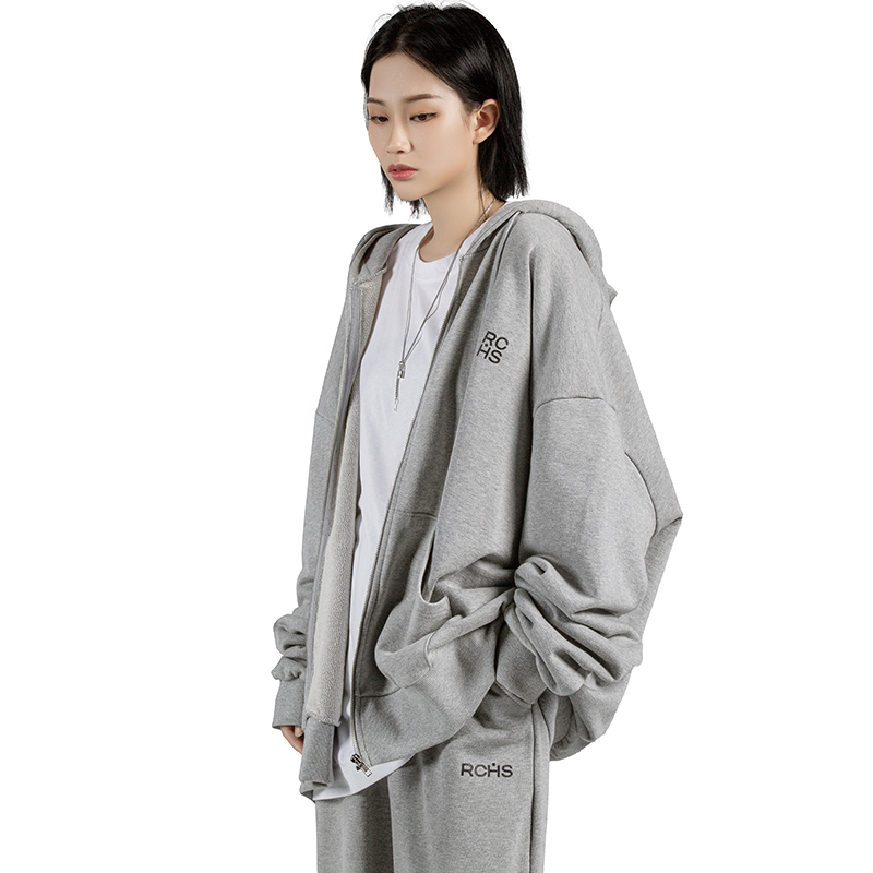 【RHOME HOUSE】韩国ins风宽松印花亲肤落肩叠穿连帽卫衣外套套装