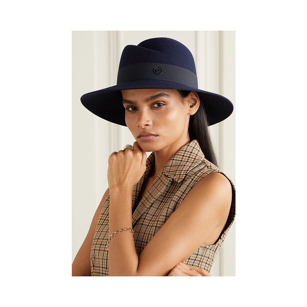 香港直邮maisonmichel海军蓝色virginie罗缎边饰帽子帽子