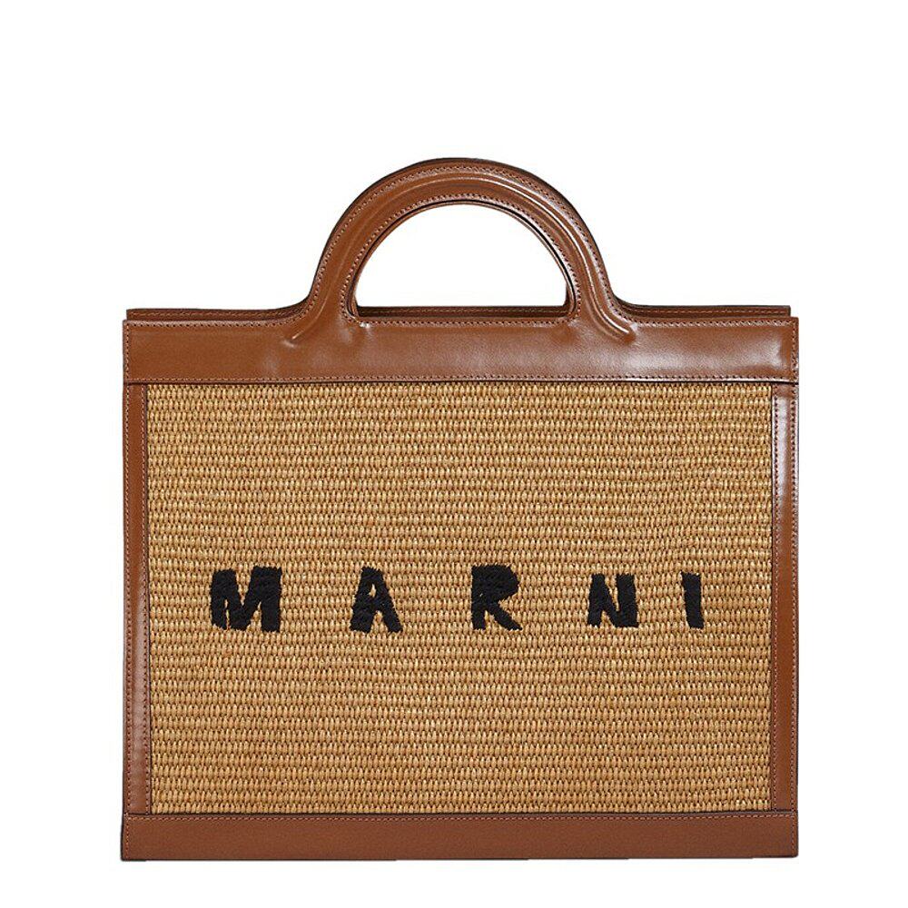欧洲直邮marni玛尼女士手提包棕色编织拉菲草皮革通用款女包
