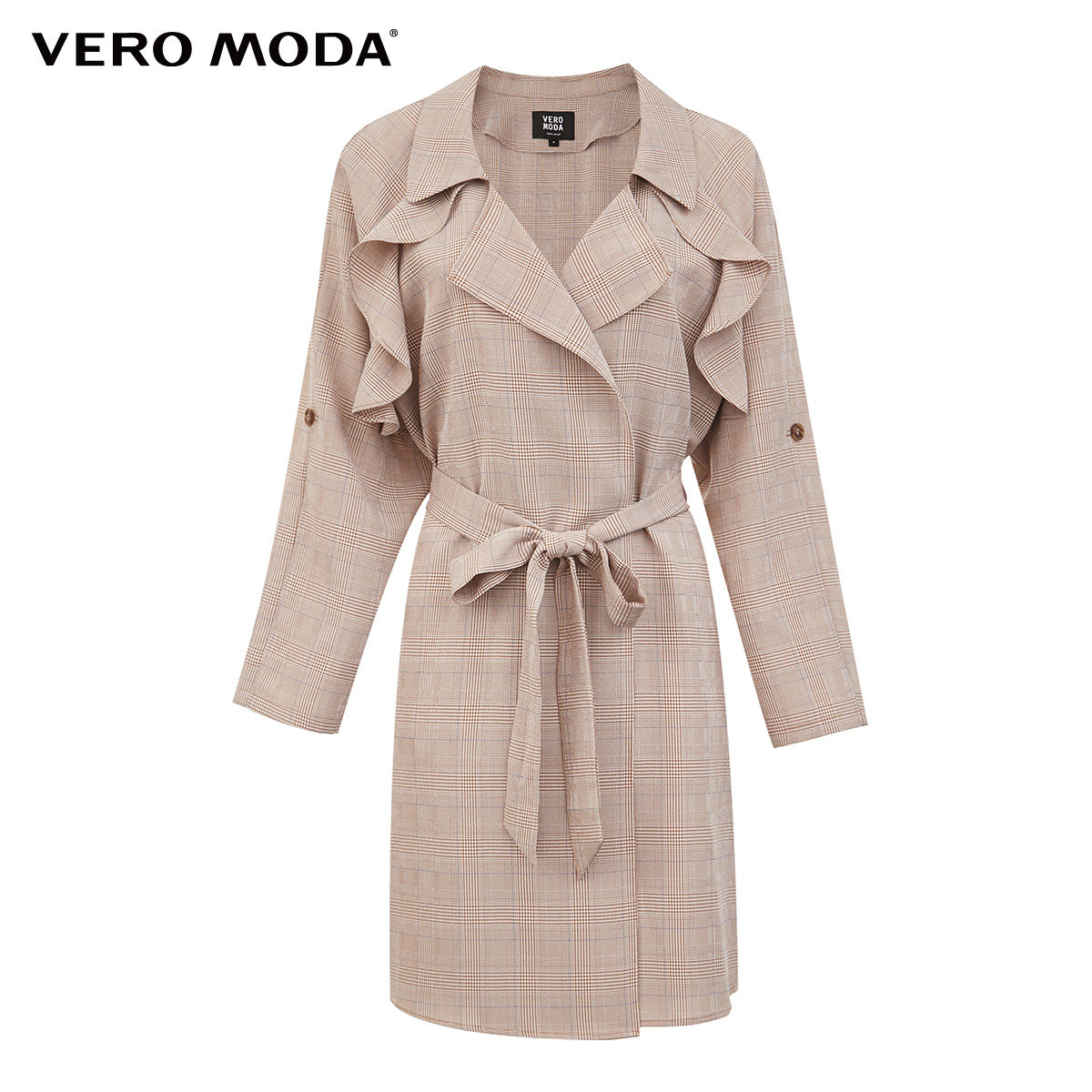 veromoda春秋新款荷叶边格系带中长宽松风衣风衣