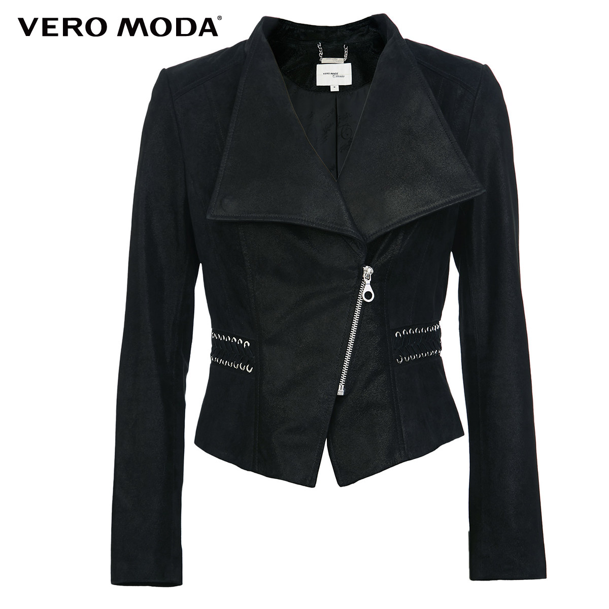 veromoda奥莱清仓秋装修身有型编绳机车短款猪皮革皮衣外套女