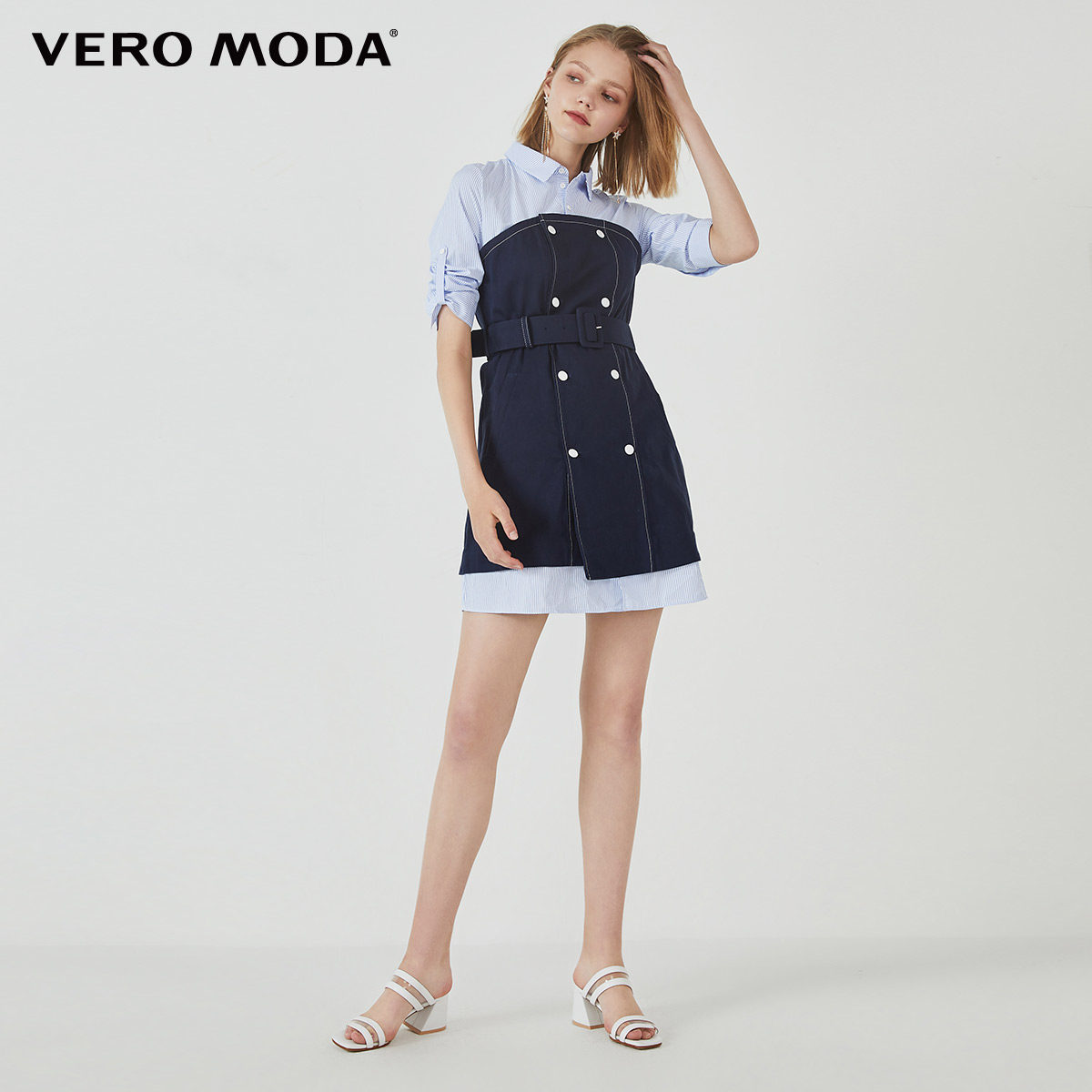 veromoda春秋新款通勤风假两件式牛仔拼接连衣裙连衣裙