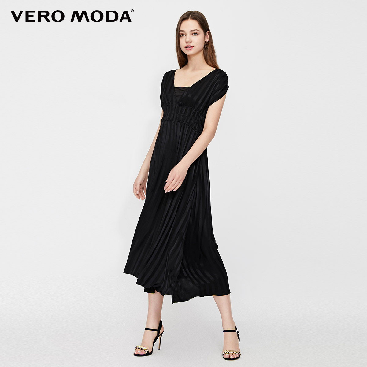 veromoda夏季新款领竖条纹光泽感收腰长款无袖连衣裙