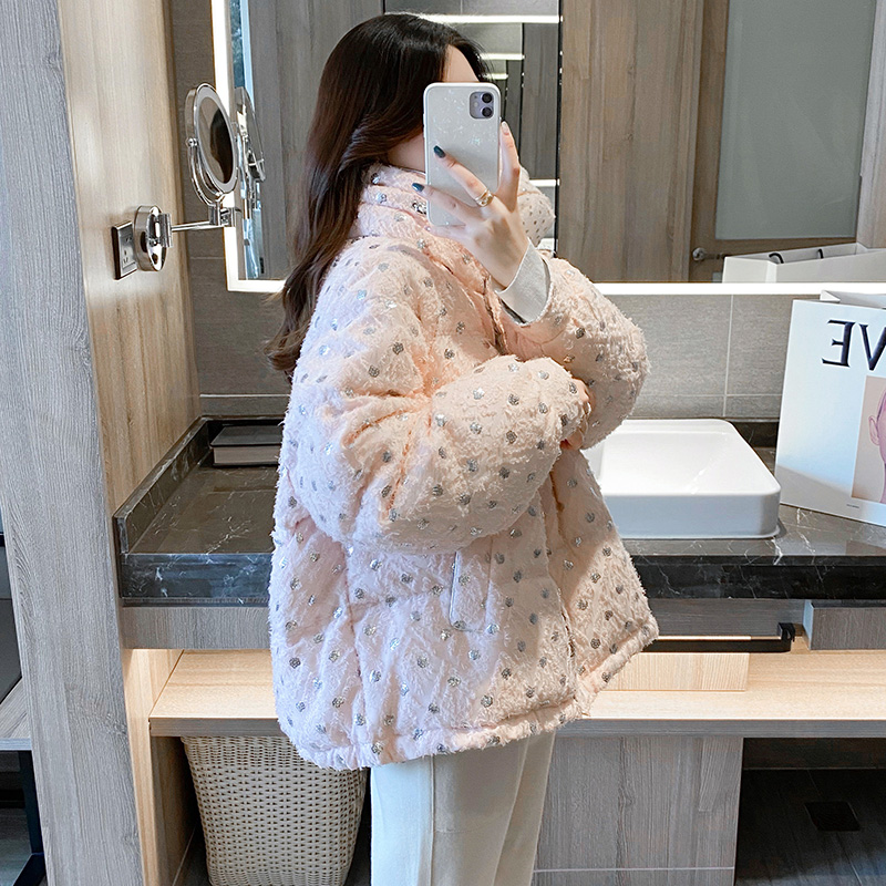 90白鸭绒重工亮片羽绒服女短款2021秋冬新款宽松时尚粉色拉链外套