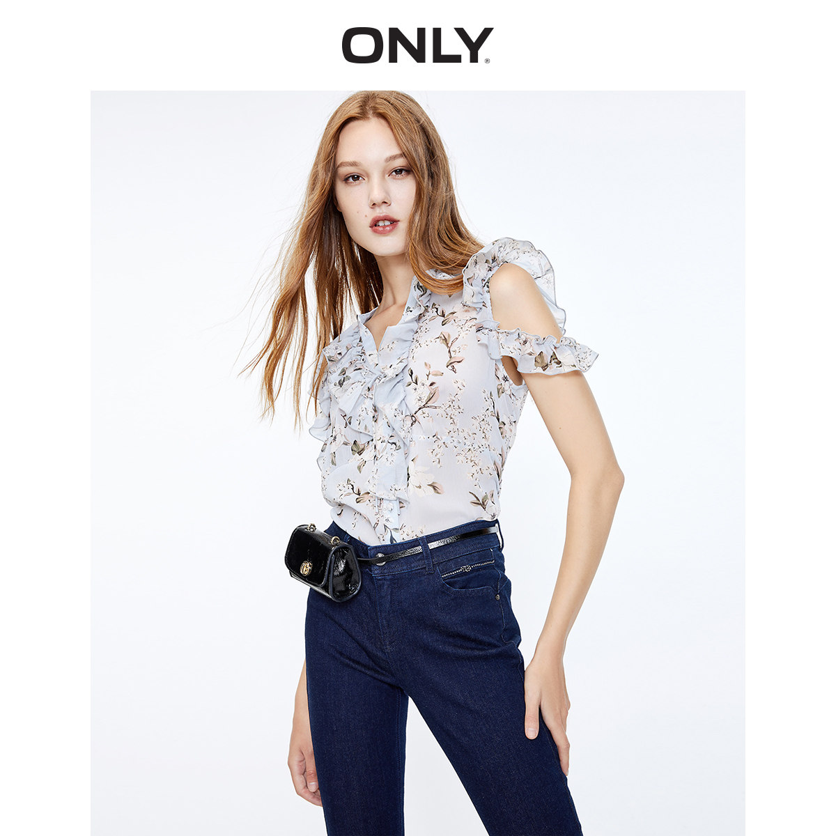 only秋季新款短袖修身显瘦荷叶碎花雪纺衫女衬衫