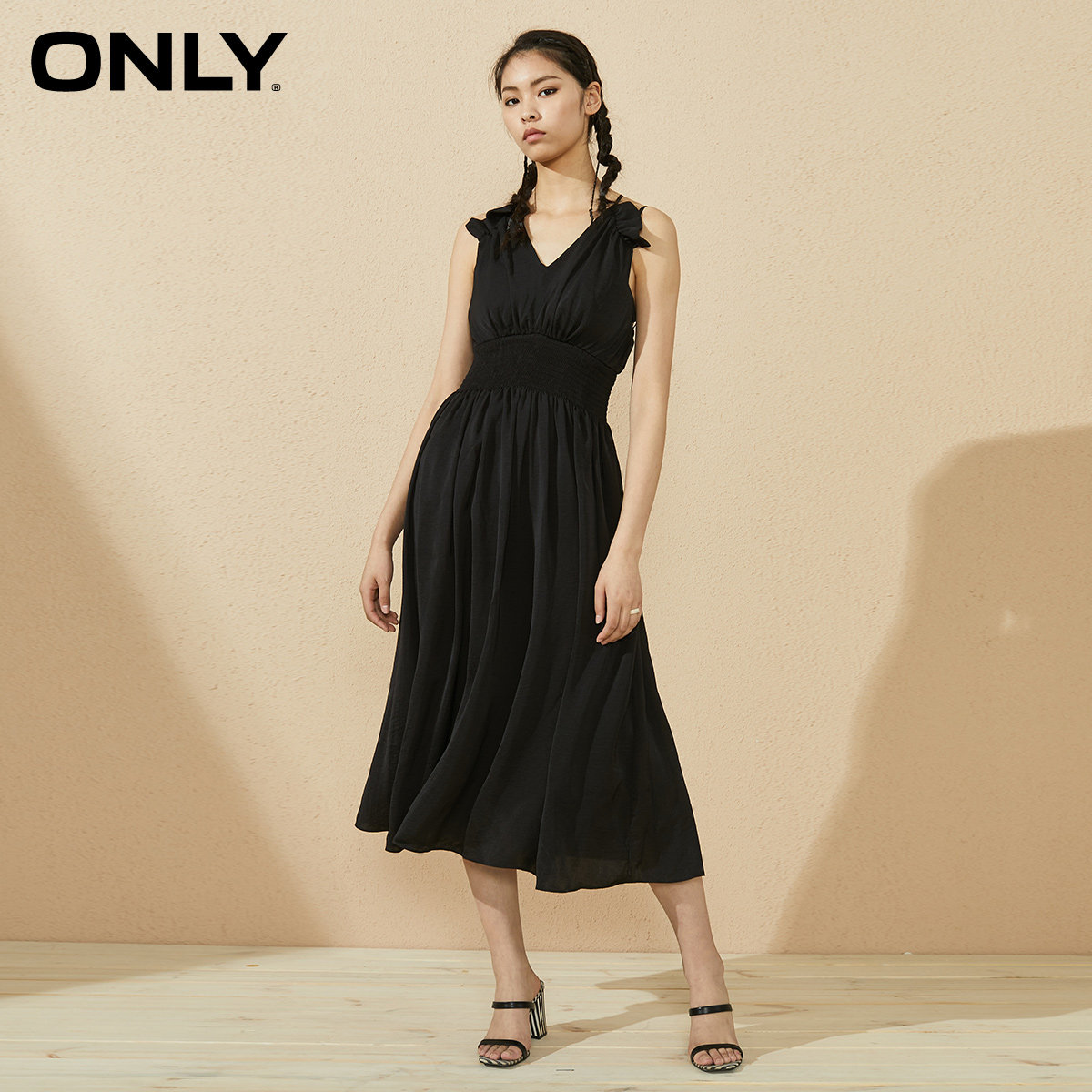 only夏季新款仙女气质百褶收腰裙子甜美雪纺连衣裙