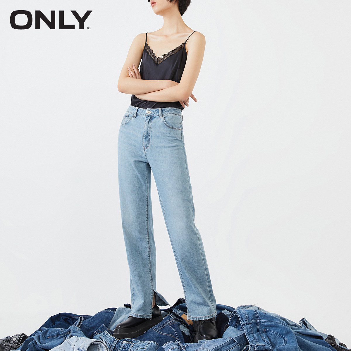 only2020春夏新款开叉复古高腰显瘦宽松直筒牛仔裤牛仔裤