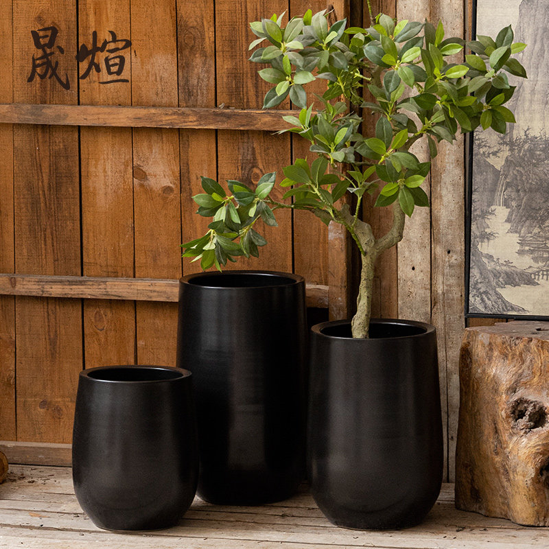 景德镇北欧高级感黑色陶瓷大花盆