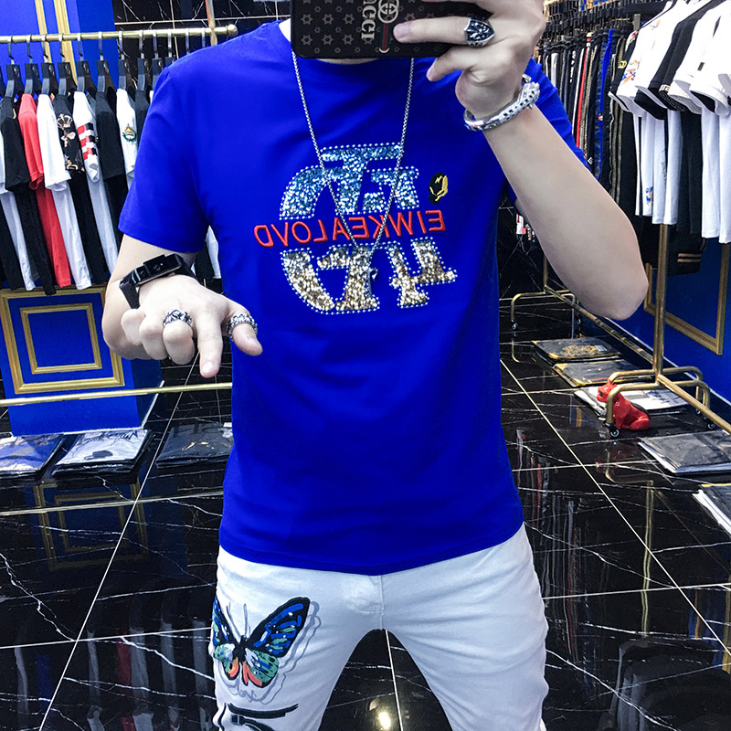 欧洲站刺绣短袖t恤男潮牌潮流修身个性时尚2022夏季新款男士半袖