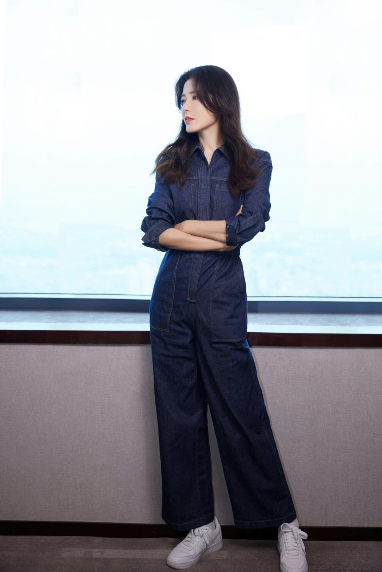 曾黎明星同款蓝色牛仔连体裤女高腰休闲大口连体衣