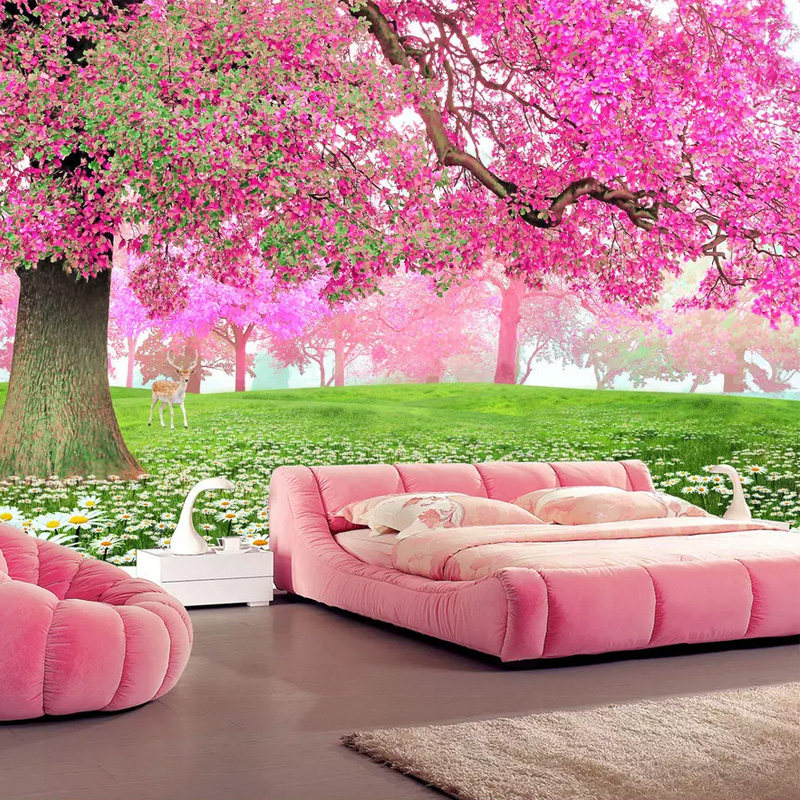 现代9d樱花风景温馨壁画电视背景墙壁纸卧室客厅沙发花卉装饰墙布