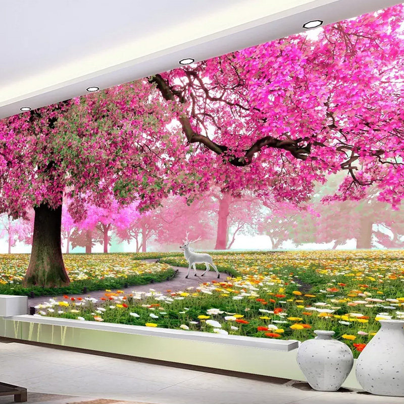 现代9d樱花风景温馨壁画电视背景墙壁纸卧室客厅沙发花卉装饰墙布