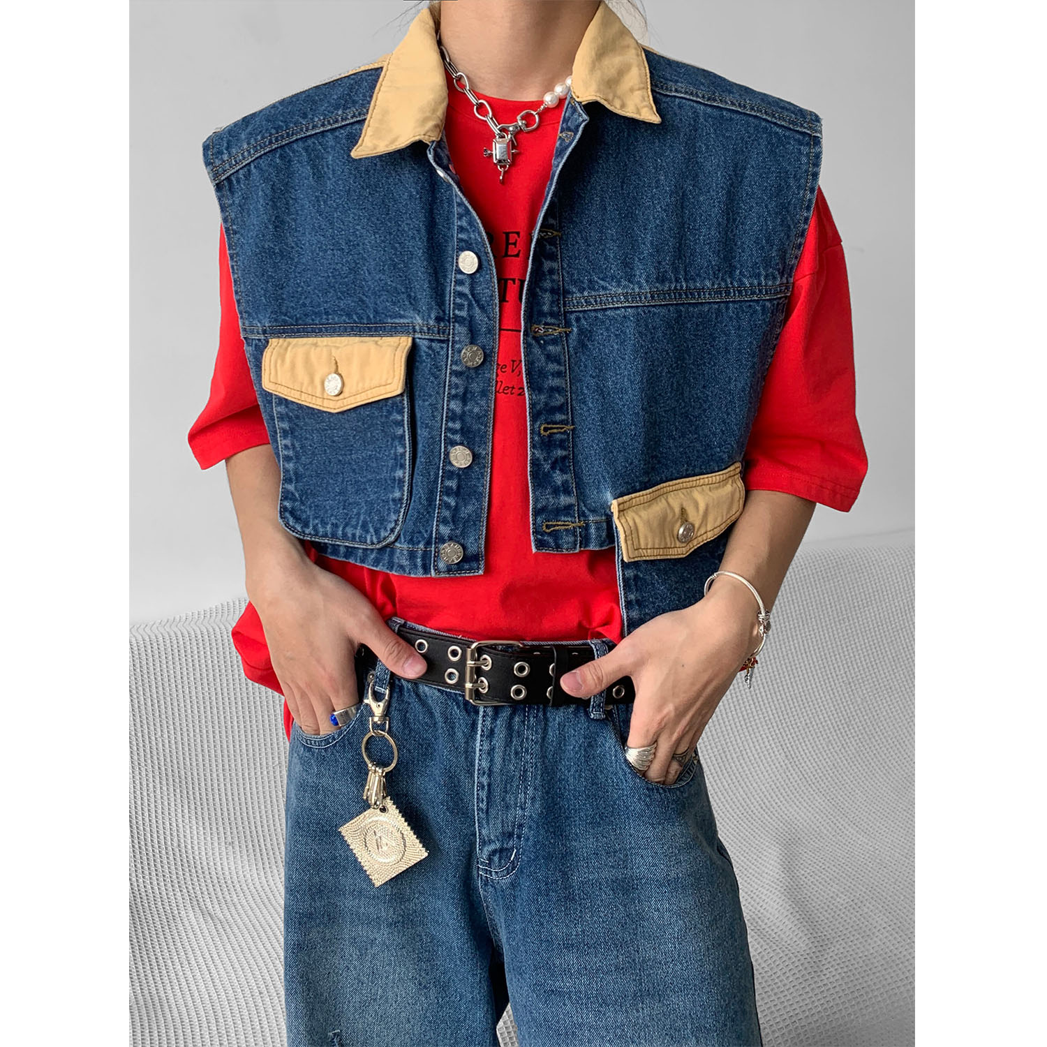 SHUNP短款叠穿牛仔马甲外套男夏季小众设计感无性别外搭上衣ins潮