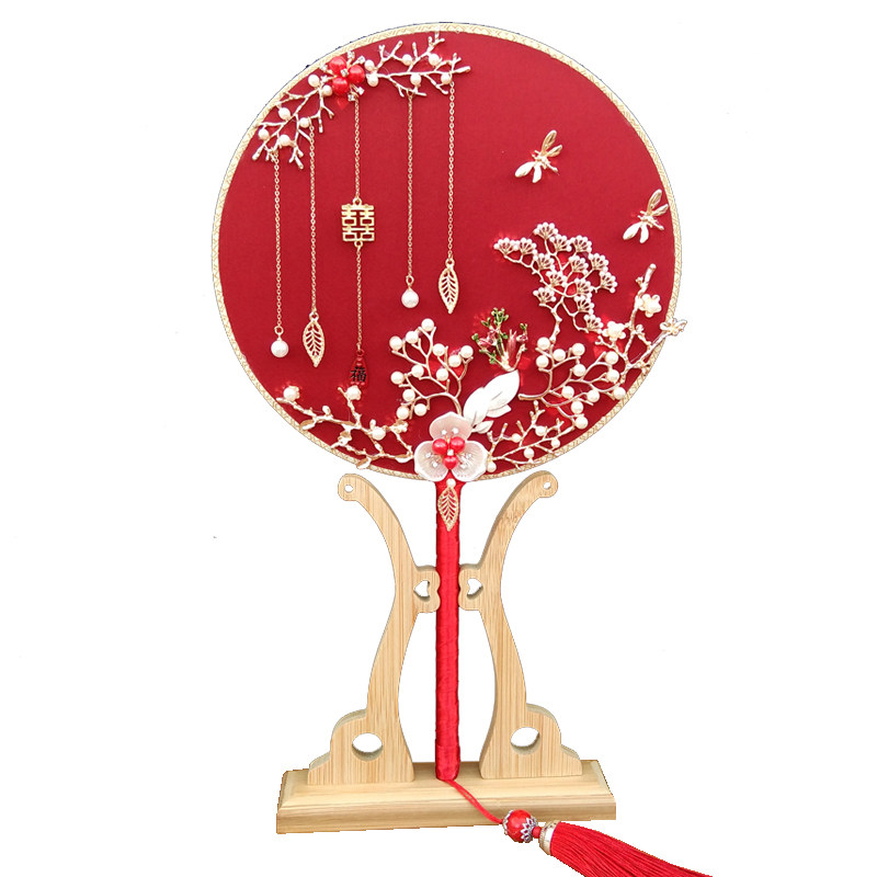 古风新娘秀禾团扇结婚礼中式手捧花出嫁红色喜扇子diy材料包成品
