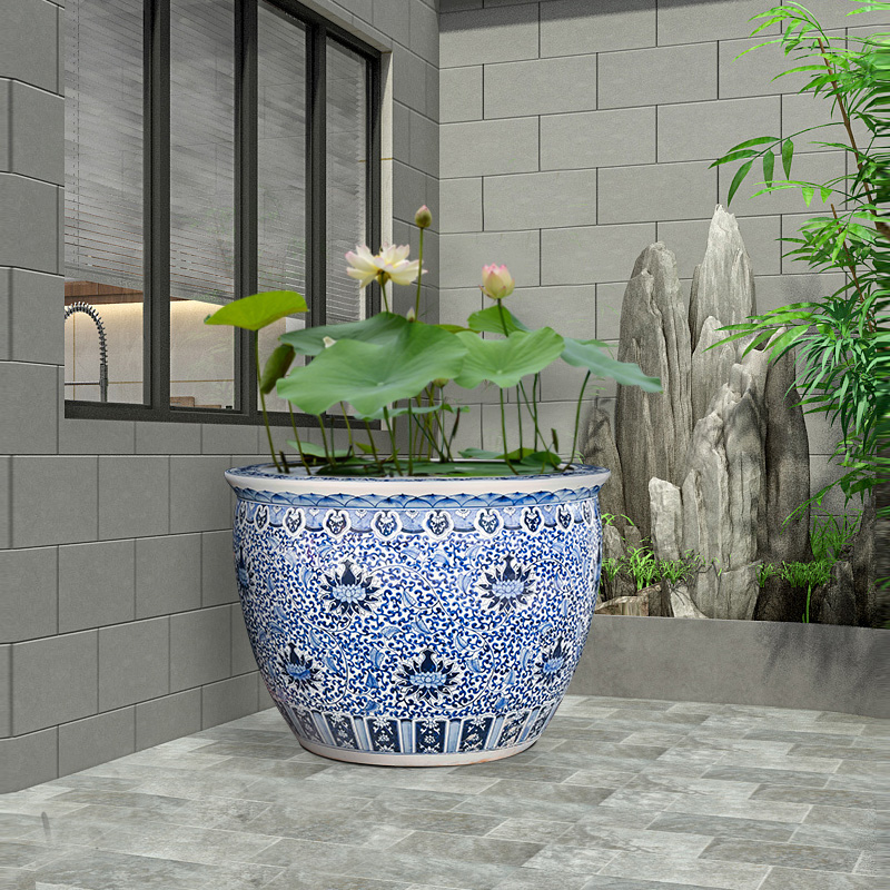 景德镇陶瓷鱼缸手绘青花瓷缠枝落地大缸庭院园林水缸鱼缸