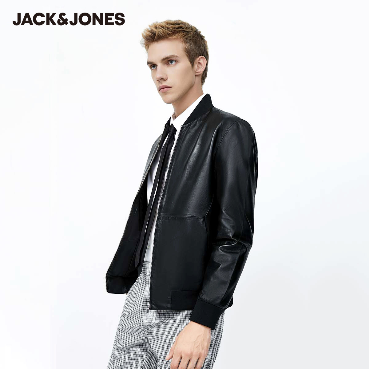 jackjones杰克琼斯机车棒球服绵羊皮派克真皮皮衣夹克皮衣