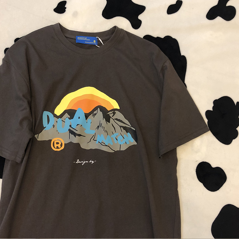日落山海 复古印花短袖T恤 情侣学生BF风oversize宽松百搭tee男女