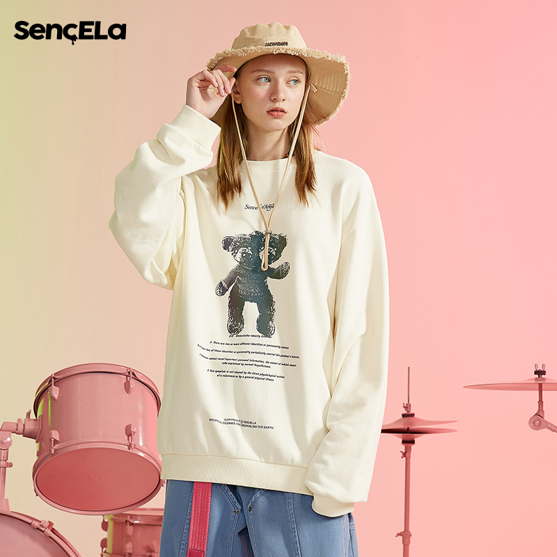 SENCE LA炫彩反光双子小熊印花卫衣男国潮牌春秋宽松套头情侣装