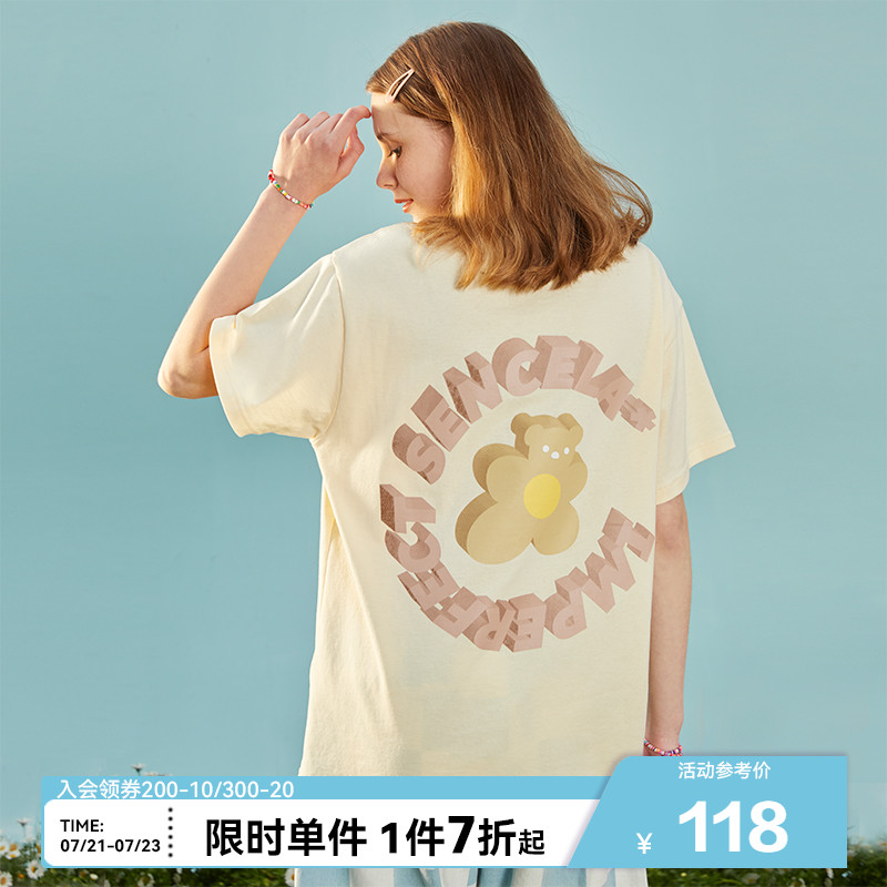 SENCE LA小花熊大LOGO印花纯棉可爱短袖女夏季cec潮流情侣装T恤