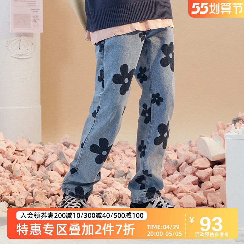 SENCE LA小花印花浅蓝色牛仔裤男国潮宽松春秋复古水洗直筒休闲裤