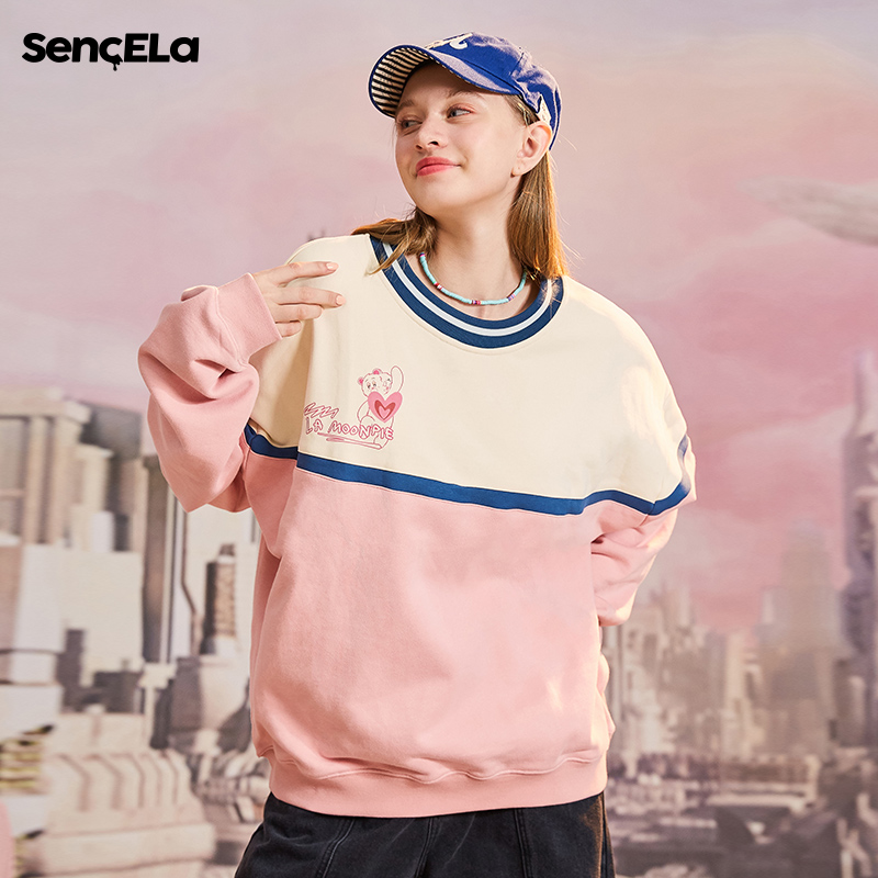 SENCE LA撞色拼接小熊卫衣男潮牌长袖圆领套头上衣