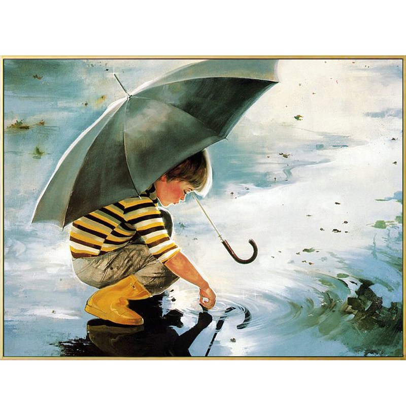 现代手绘油画金色童年小孩小孩儿儿童人物挂画客厅油画