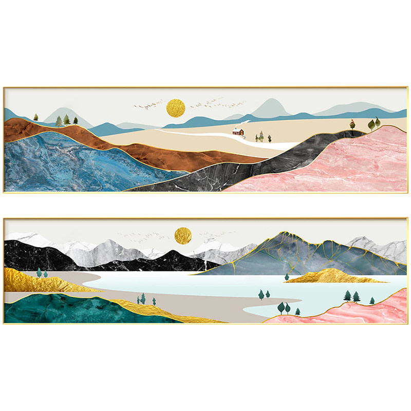 现代简约风格卧室床头装饰画抽象清新客厅横版长款现代装饰画