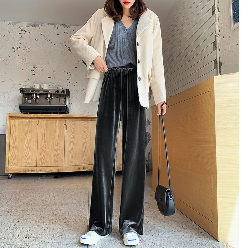 高端金丝绒阔腿裤女春秋冬加绒垂坠感高腰宽松直筒休闲拖地长裤子