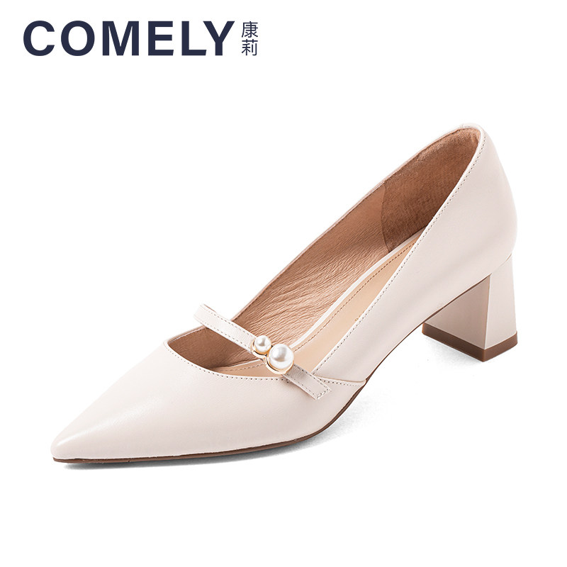 康莉粗跟玛丽珍鞋女2021春季新款尖头中跟晚晚单鞋