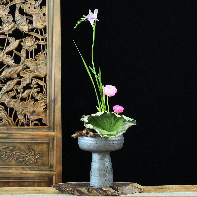 新中日式剑山插花器皿粗陶高脚花盆东方花道禅意花盆